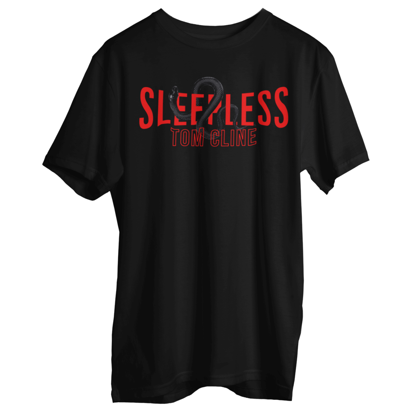 Sleepless - Oversized Shirt featuring bold red text on a black background with a snake design.