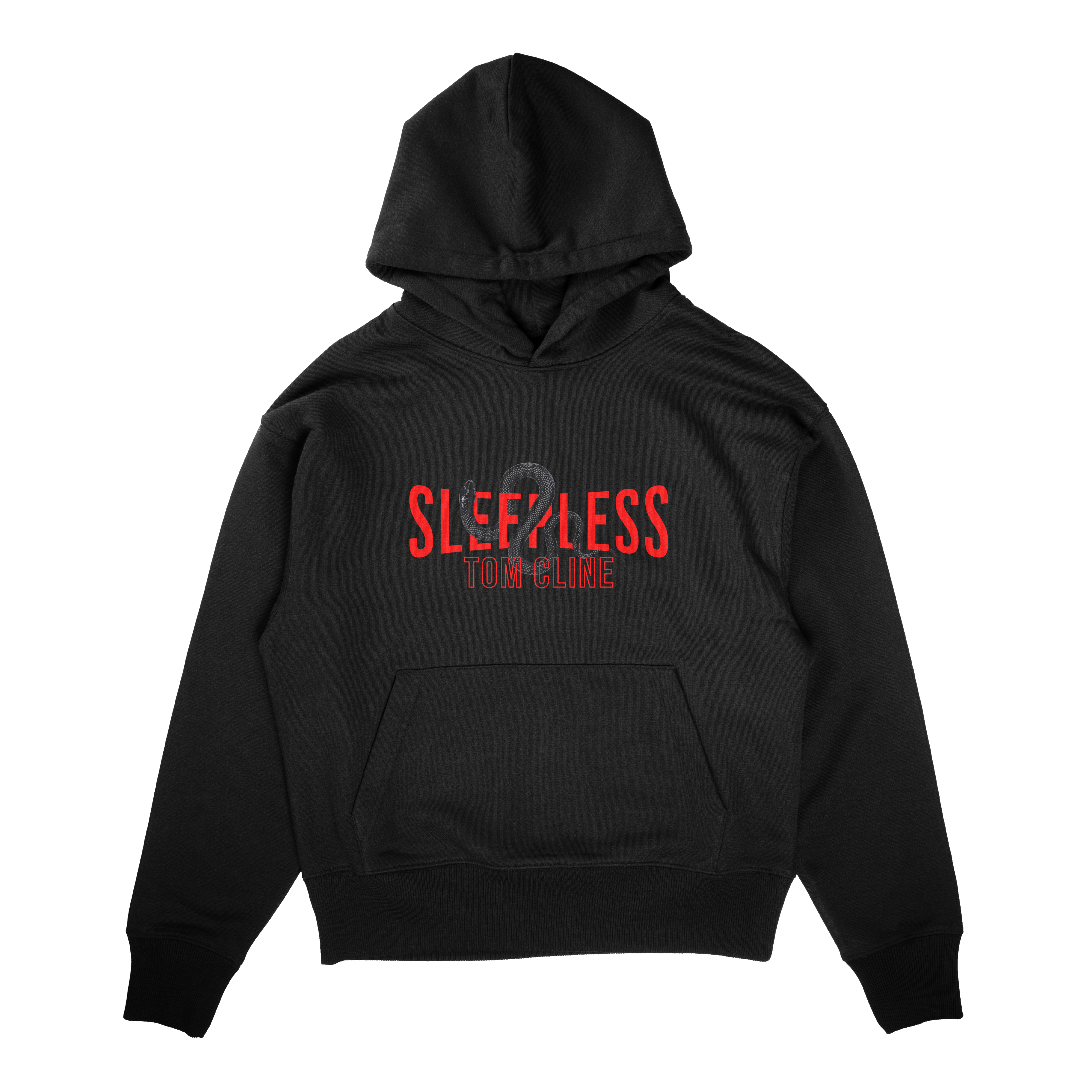 Sleepless - Hoodie in black with front kangaroo pocket and bold logo design.